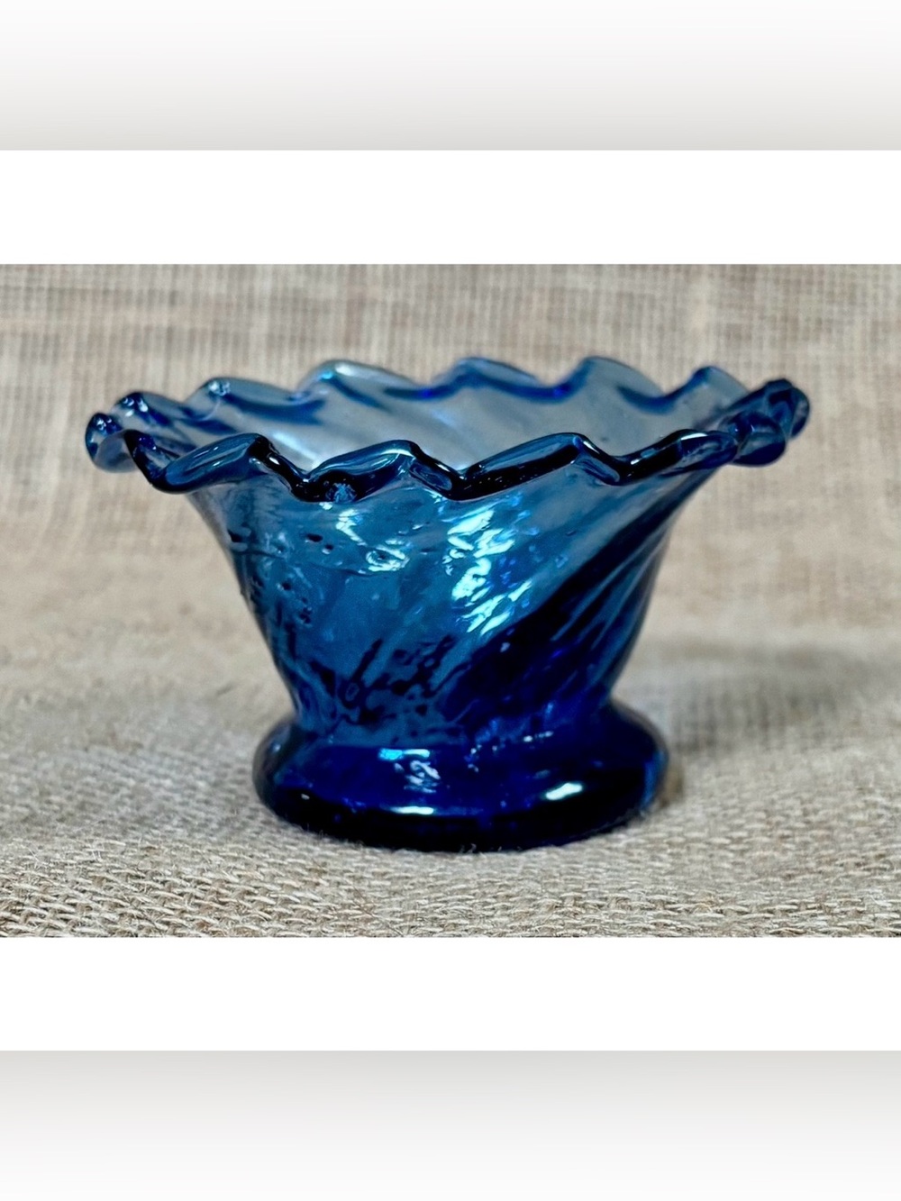 Vintage Cobalt Blue Swirl Glass Open Sugar Bowl Dish Handblown Ruffled Edge